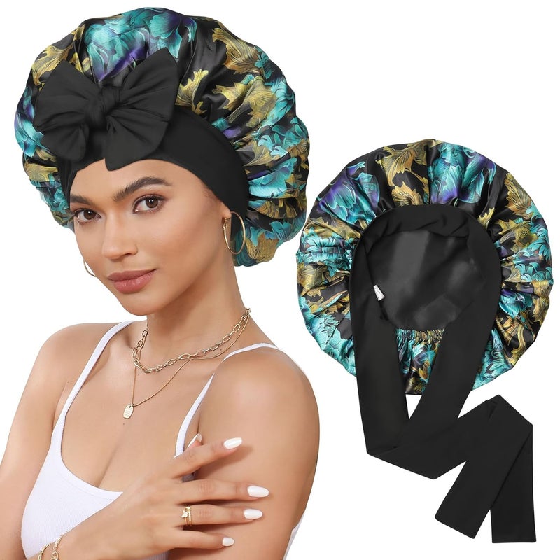 CHLINS Satin Bonnet Silk Bonnet for Sleeping Silk Sleep Cap Double Layer Hair Bonnet with Elastic Tie Band for Curly Hair Night Cap - Image 1